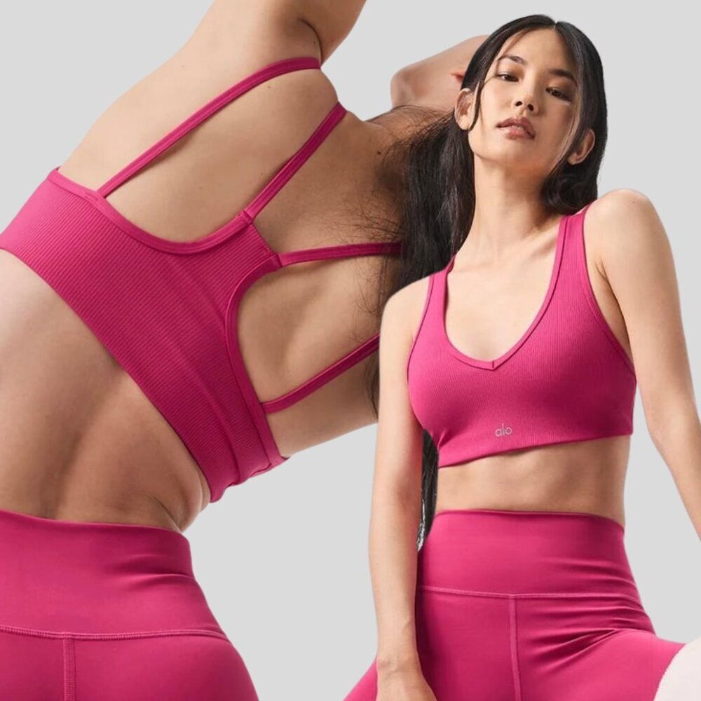 Alo Airlift Ribbed Jump Start V-Neck Bra - Pink Summer Crush - Size Small